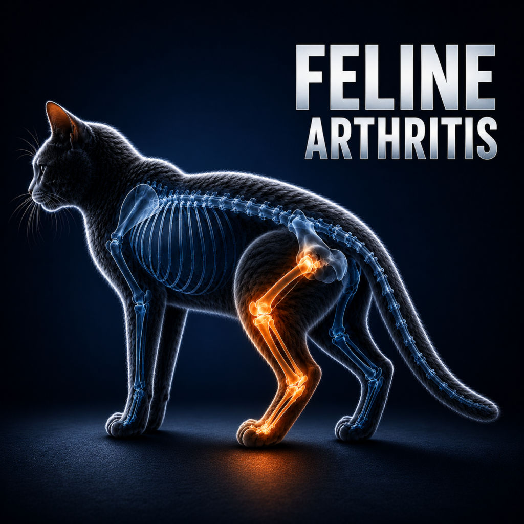 Black cat with transparent skeletal overlay highlighting arthritic joints in the hind leg, beside bold “Feline Arthritis” text on a dark blue background.
