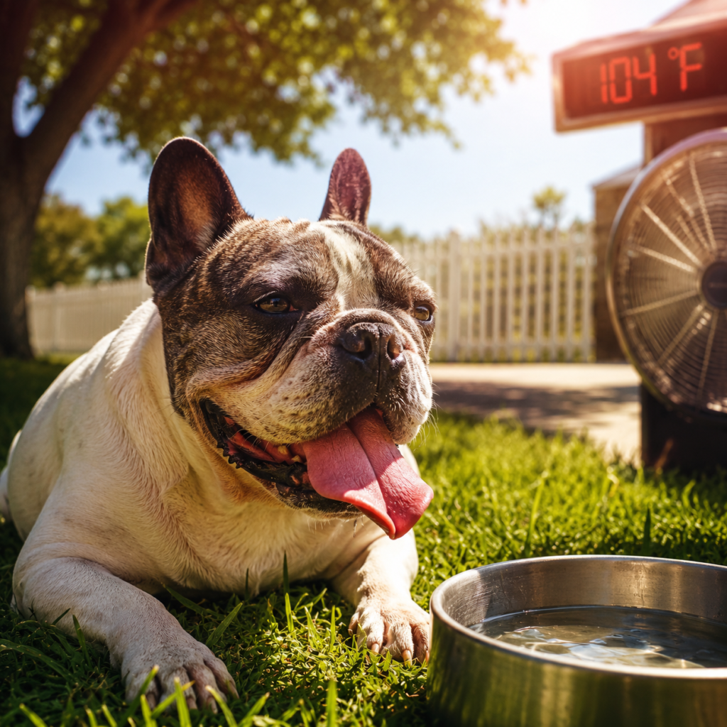 Brachycephalic French Bulldog panting heavily outdoors in extreme summer heat, showing signs of heat stroke risk, with a 104°F thermometer and water bowl nearby.